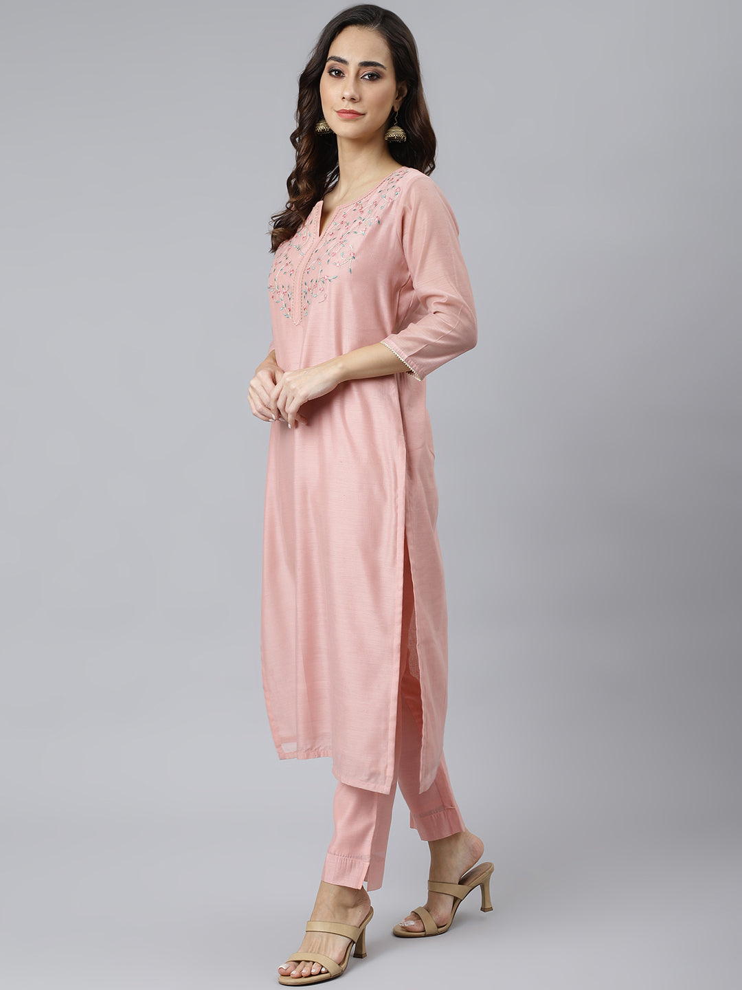 Janasya Women's Baby Pink Poly Silk Solid Kurta With Pant And Dupatta 
