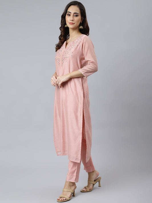Janasya Women's Baby Pink Poly Silk Solid Kurta With Pant And Dupatta 