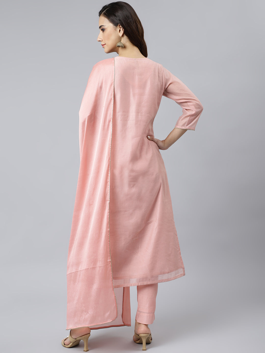 Janasya Women's Baby Pink Poly Silk Solid Kurta With Pant And Dupatta 