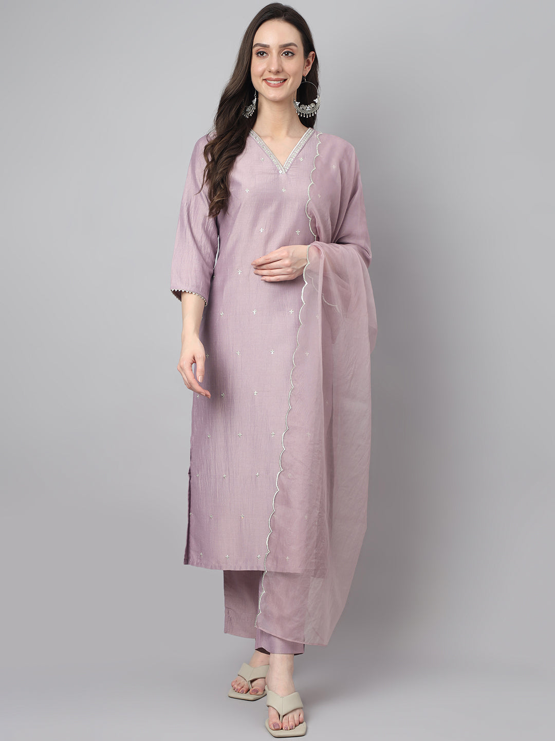 Janasya Women's Lavender Chinon Solid Straight Festive Kurta Set 