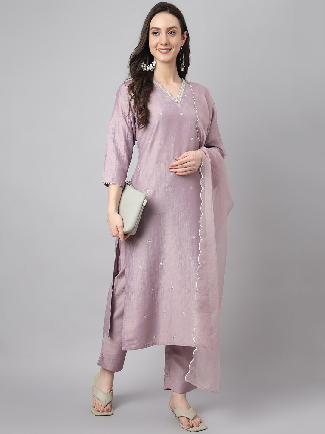 Janasya Women's Lavender Chinon Solid Straight Festive Kurta Set 