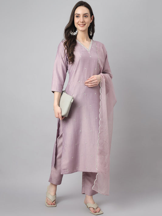 Janasya Women's Lavender Chinon Solid Straight Festive Kurta Set 