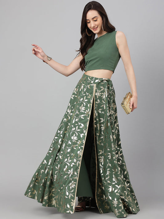 Janasya Women's Olive Green Crepe Solid Lehenga Choli With Pant - Grab2buy