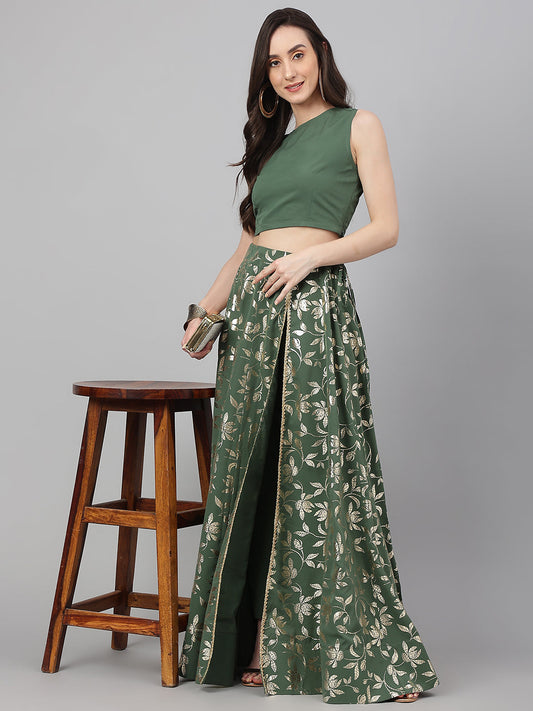 Janasya Women's Olive Green Crepe Solid Lehenga Choli With Pant - Grab2buy