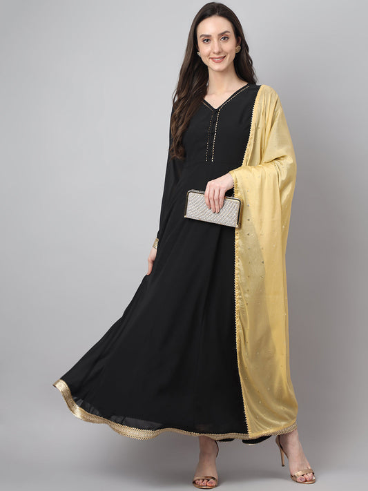 Janasya Women's Black Georgette Solid Anarkali Festive Kurta Set 
