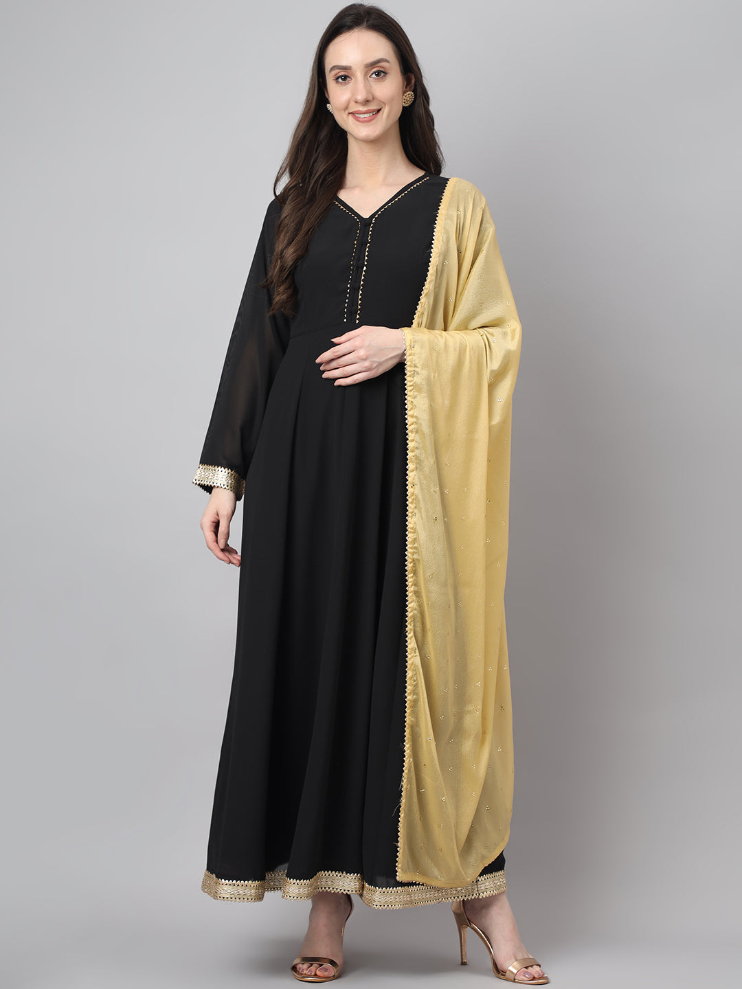 Janasya Women's Black Georgette Solid Anarkali Festive Kurta Set 