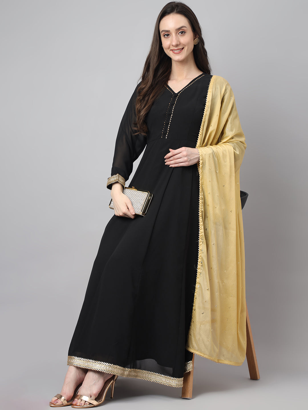 Janasya Women's Black Georgette Solid Anarkali Festive Kurta Set 