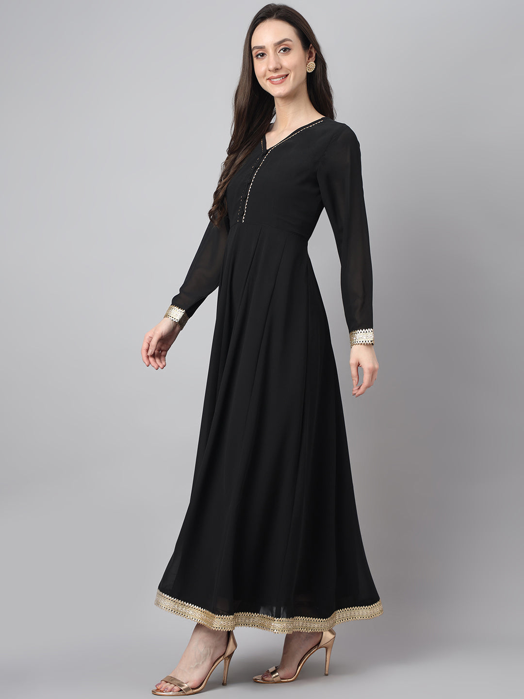 Janasya Women's Black Georgette Solid Anarkali Festive Kurta Set 