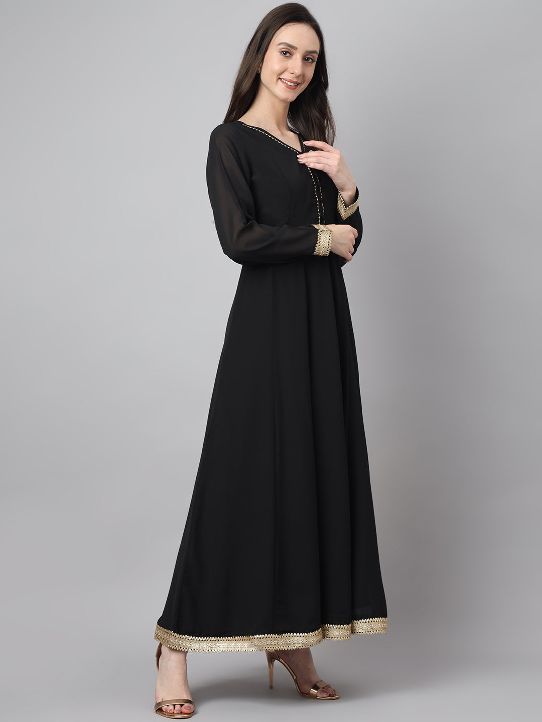 Janasya Women's Black Georgette Solid Anarkali Festive Kurta Set 