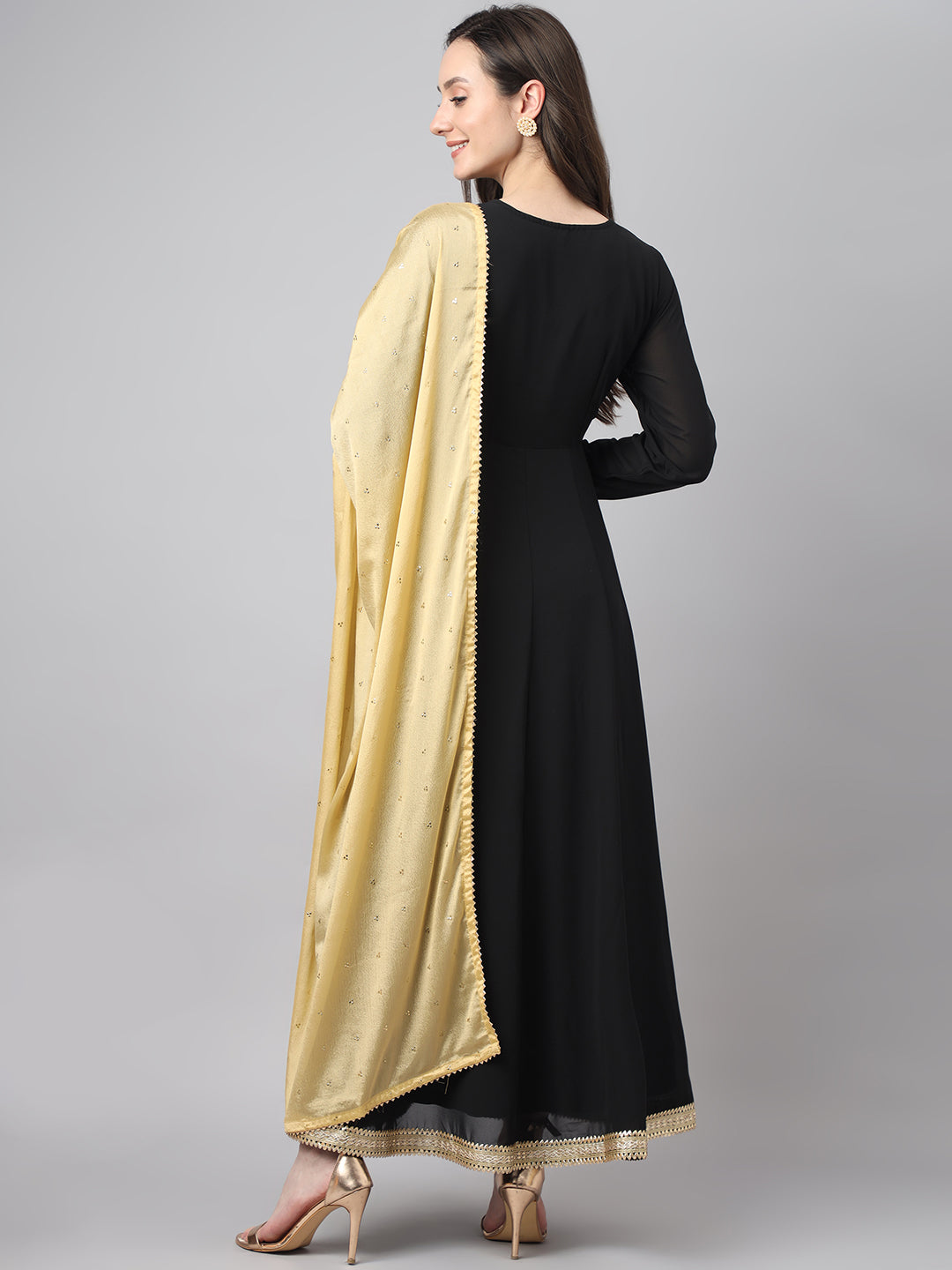 Janasya Women's Black Georgette Solid Anarkali Festive Kurta Set 