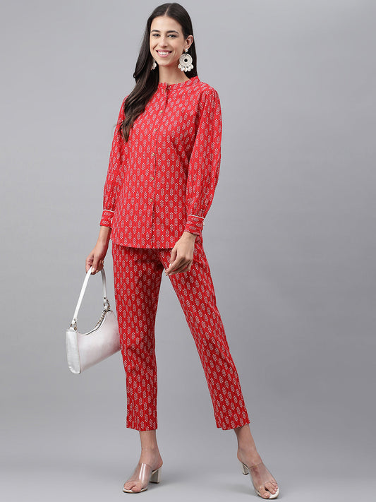 Janasya Women's Red Cotton Ethnic Motifs Regular Casual Top Set 