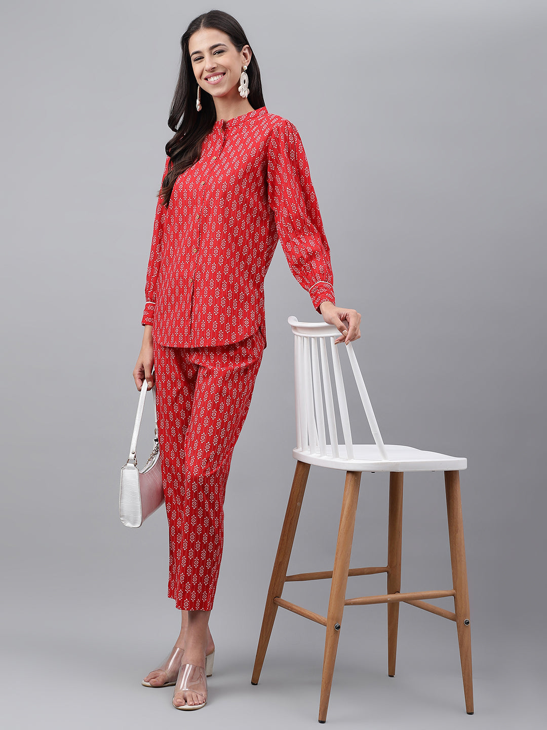 Janasya Women's Red Cotton Ethnic Motifs Regular Casual Top Set 