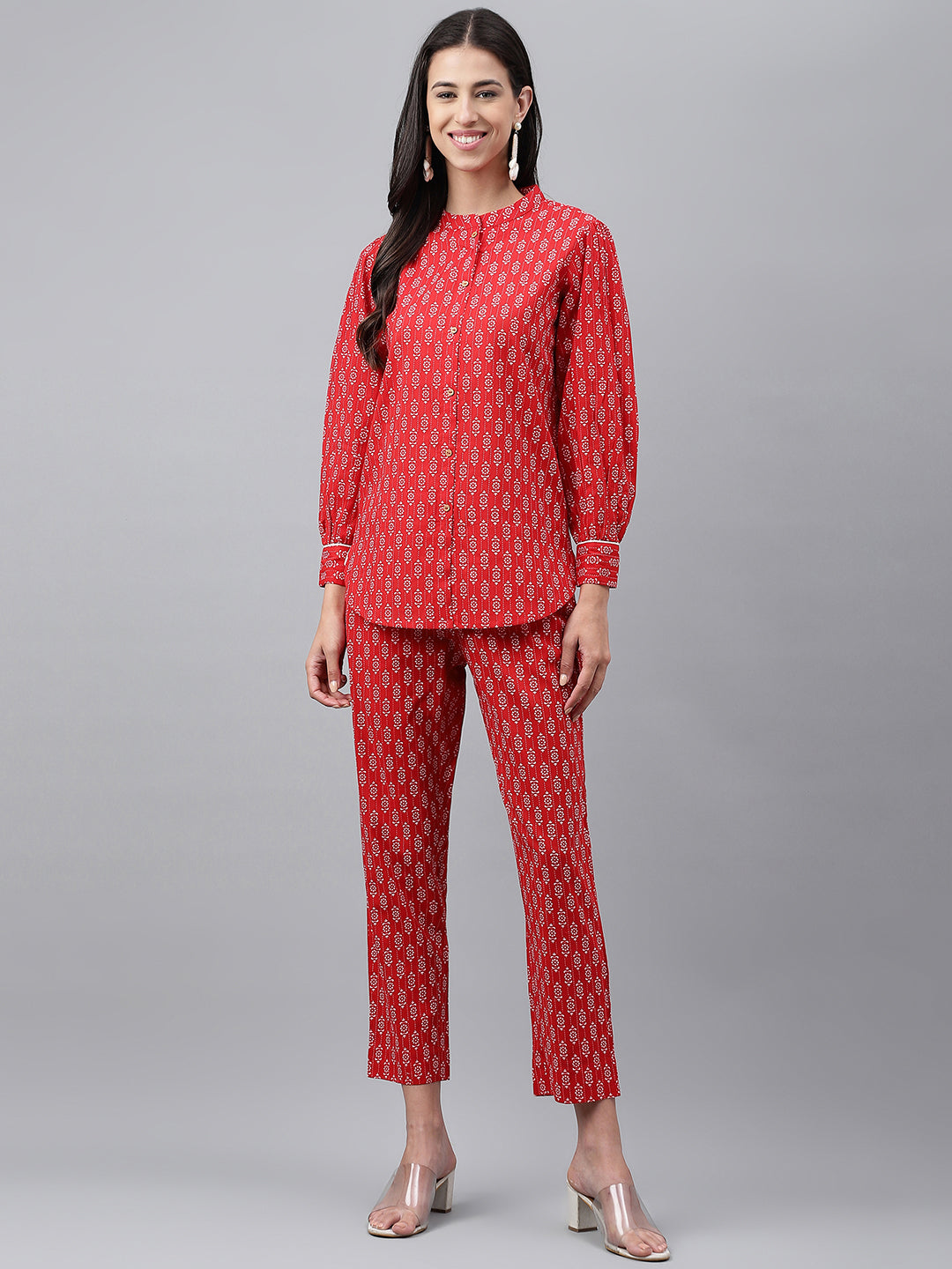 Janasya Women's Red Cotton Ethnic Motifs Regular Casual Top Set 