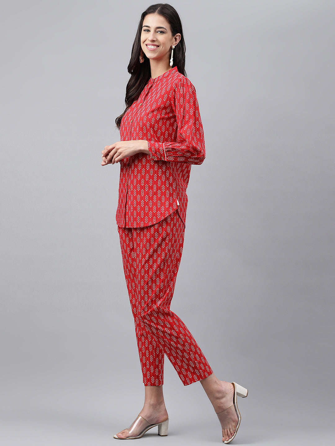 Janasya Women's Red Cotton Ethnic Motifs Regular Casual Top Set 