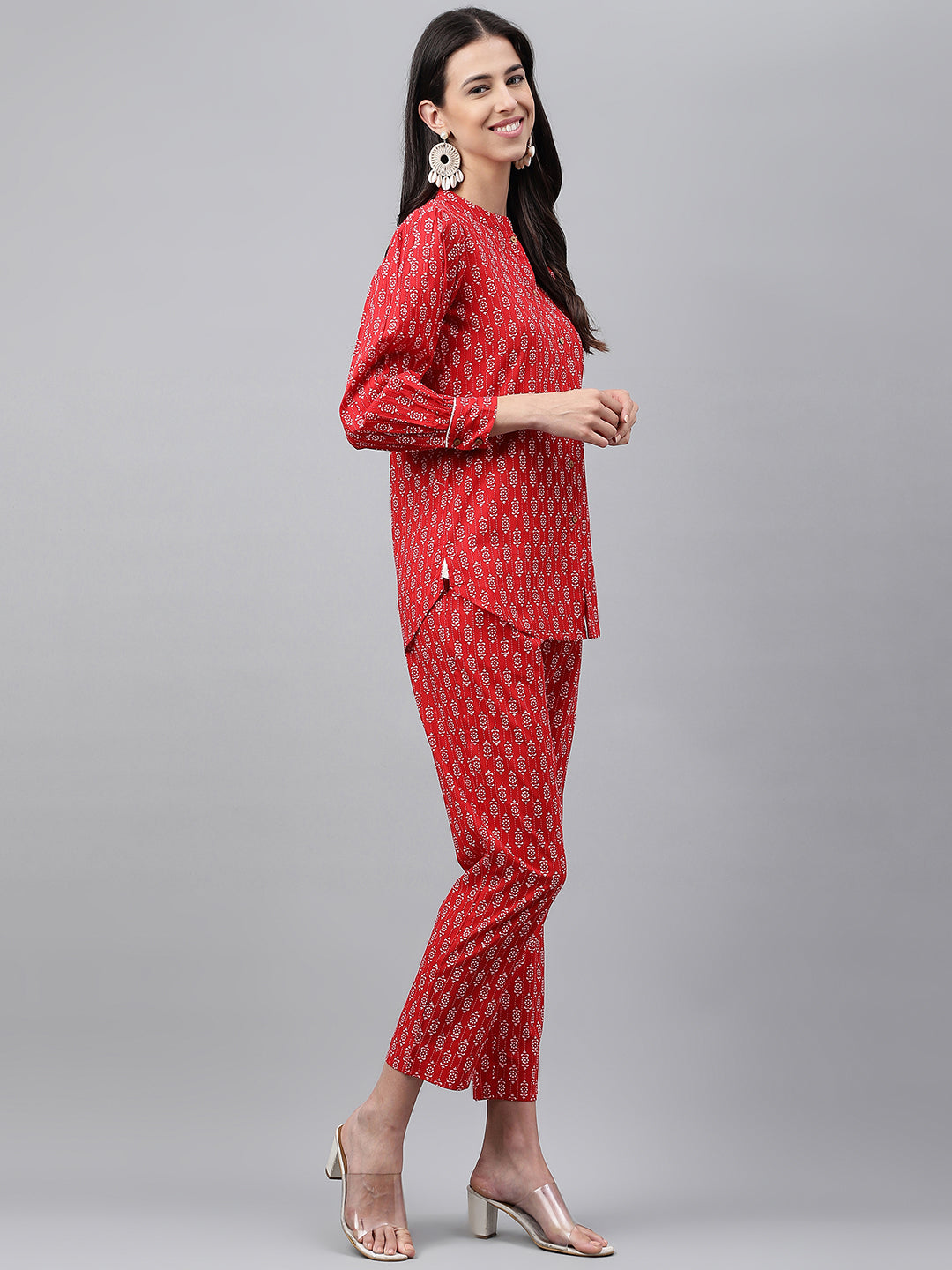 Janasya Women's Red Cotton Ethnic Motifs Regular Casual Top Set 