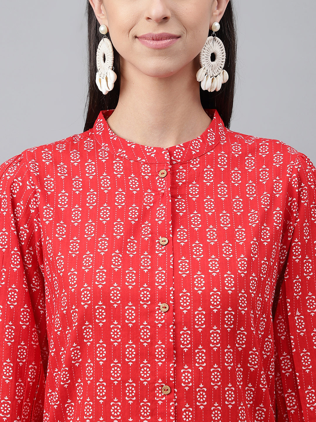 Janasya Women's Red Cotton Ethnic Motifs Regular Casual Top Set 