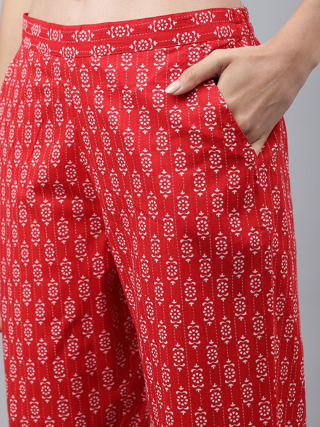 Janasya Women's Red Cotton Ethnic Motifs Regular Casual Top Set 