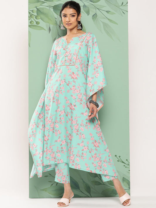 Janasya Women's Sea Green Crepe Digital Printed Kaftan Casual Kaftan Set 