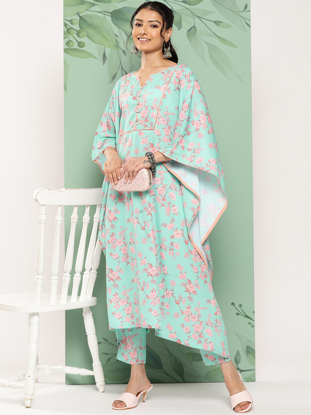 Janasya Women's Sea Green Crepe Digital Printed Kaftan Casual Kaftan Set 