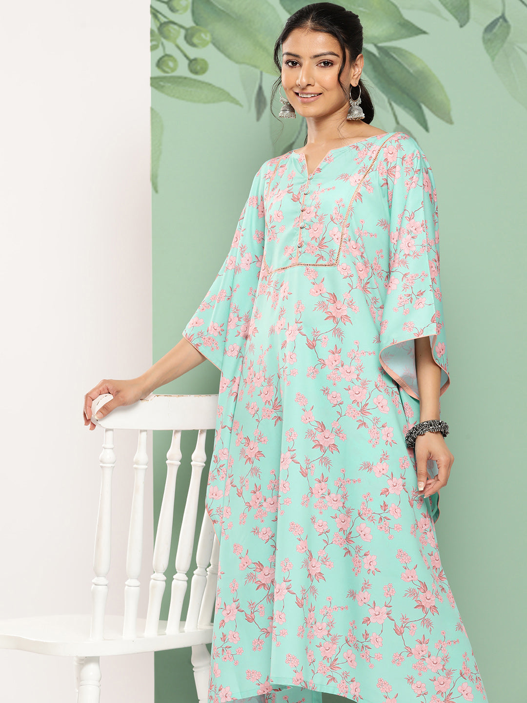 Janasya Women's Sea Green Crepe Digital Printed Kaftan Casual Kaftan Set 