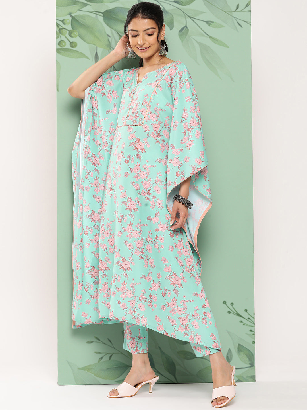 Janasya Women's Sea Green Crepe Digital Printed Kaftan Casual Kaftan Set 