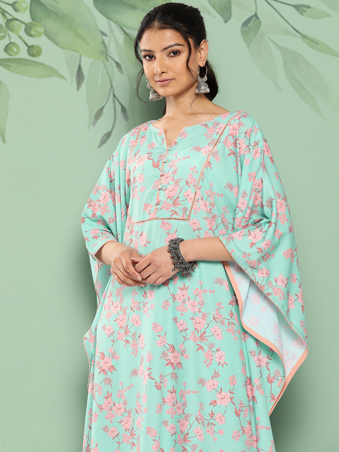 Janasya Women's Sea Green Crepe Digital Printed Kaftan Casual Kaftan Set 