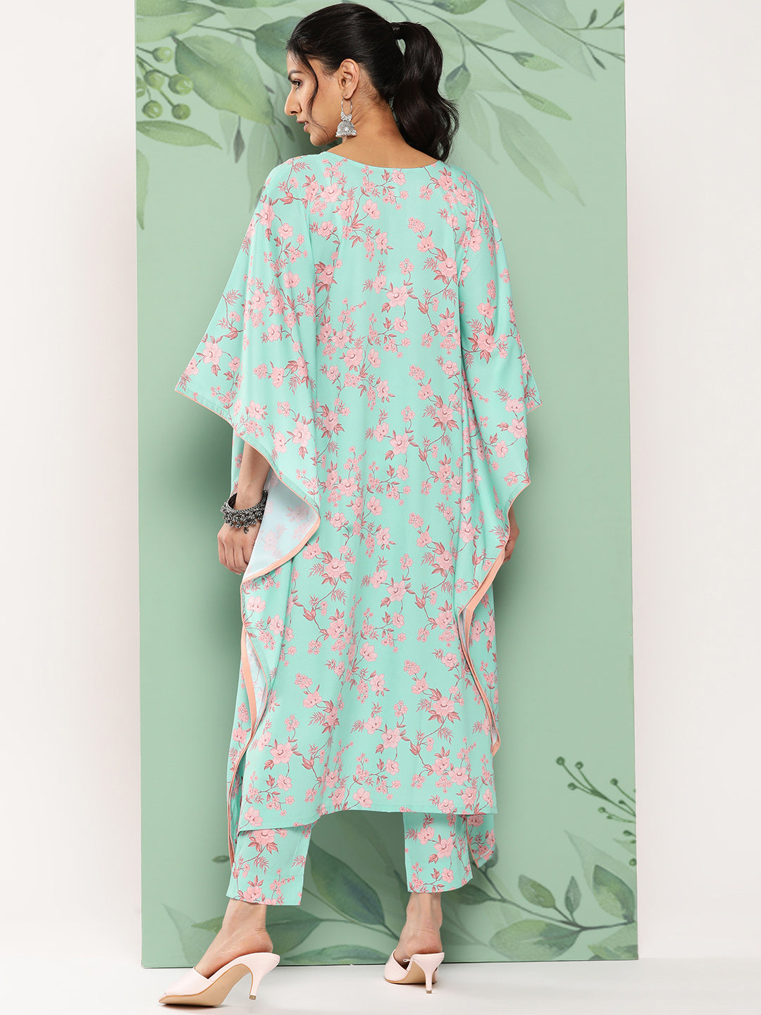 Janasya Women's Sea Green Crepe Digital Printed Kaftan Casual Kaftan Set 