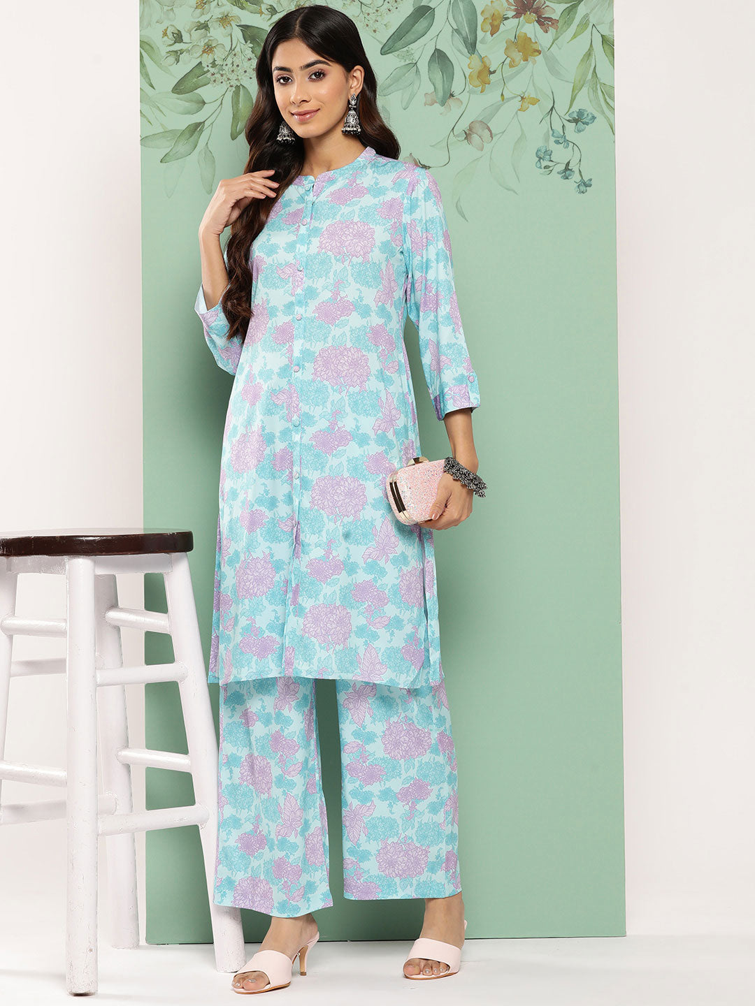 Janasya Women's Sky Blue Crepe Digital Printed Straight Casual Kurta Set 