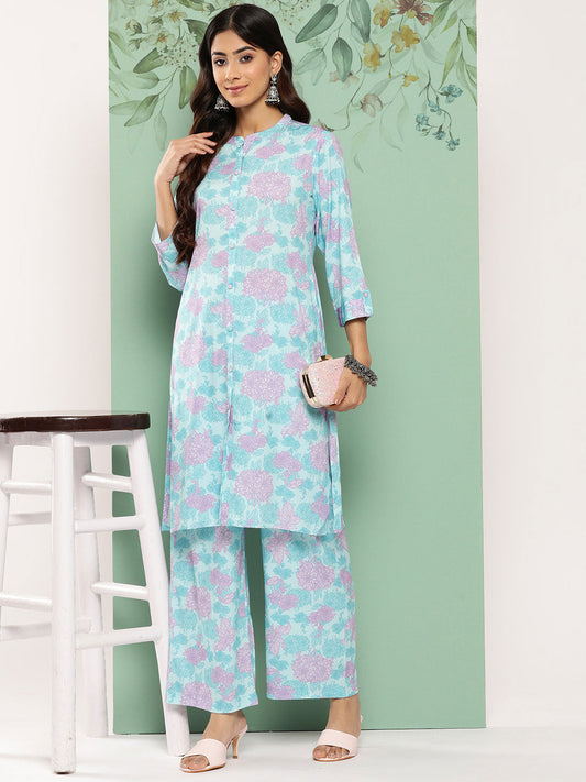 Janasya Women's Sky Blue Crepe Digital Printed Straight Casual Kurta Set 