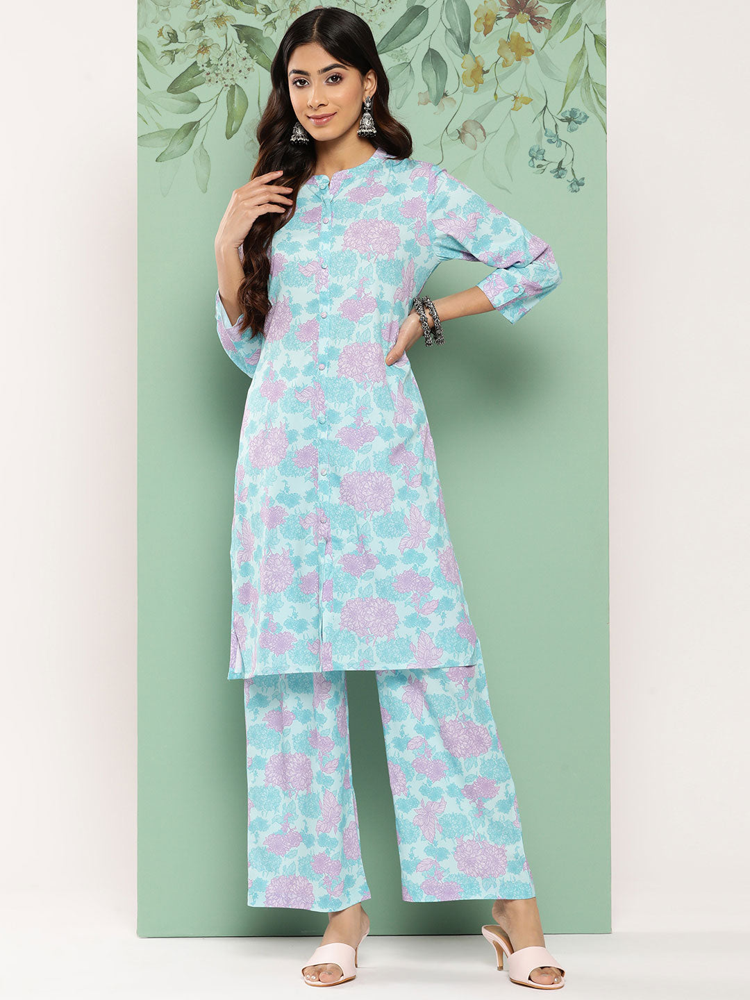 Janasya Women's Sky Blue Crepe Digital Printed Straight Casual Kurta Set 