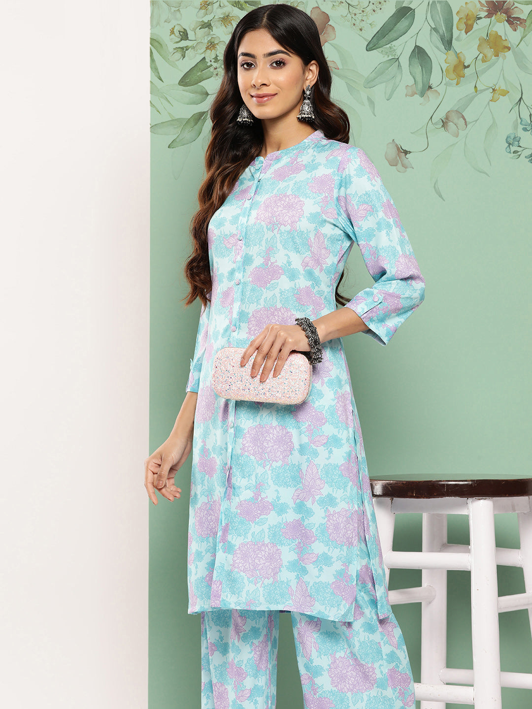 Janasya Women's Sky Blue Crepe Digital Printed Straight Casual Kurta Set 