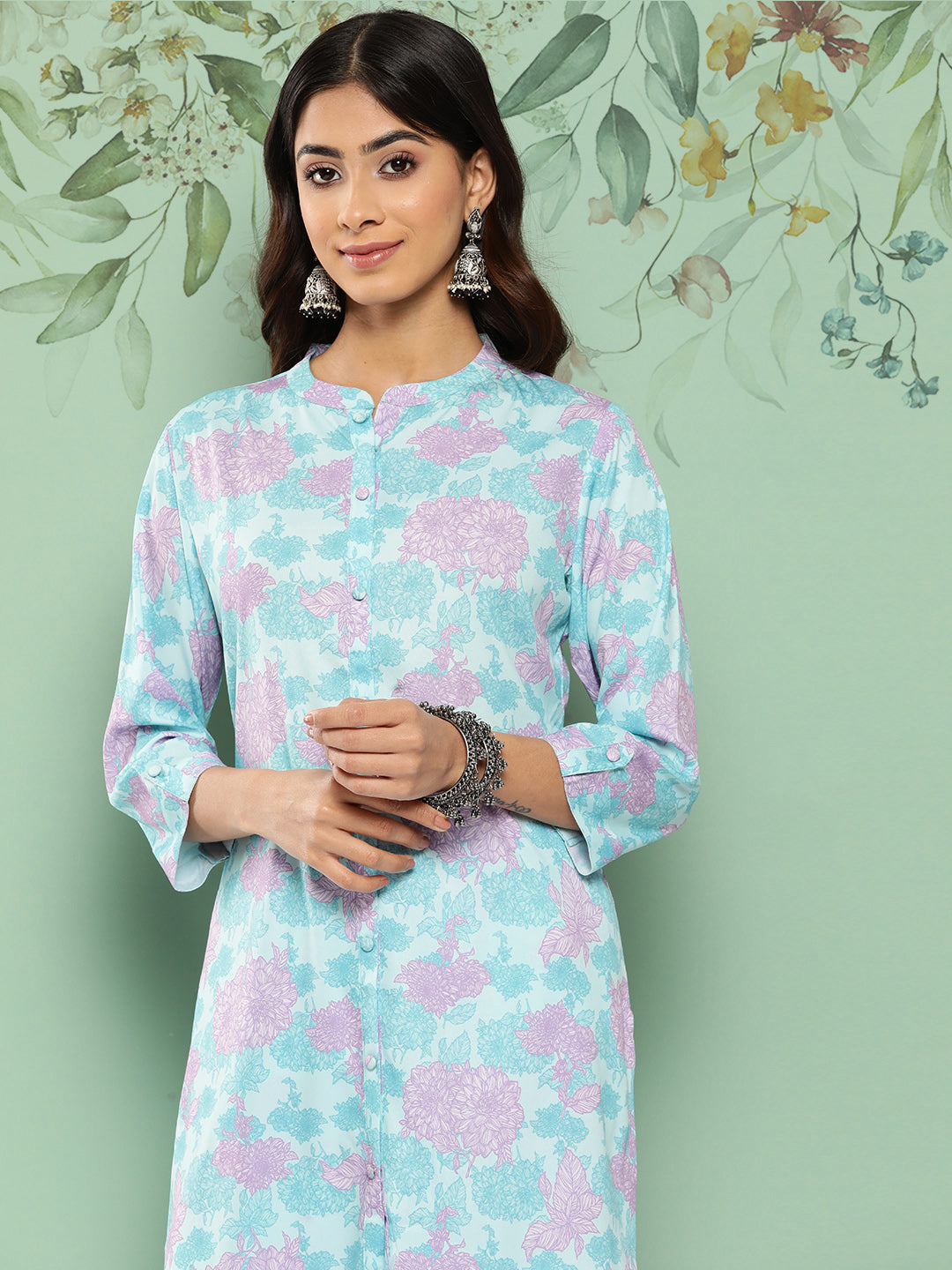 Janasya Women's Sky Blue Crepe Digital Printed Straight Casual Kurta Set 
