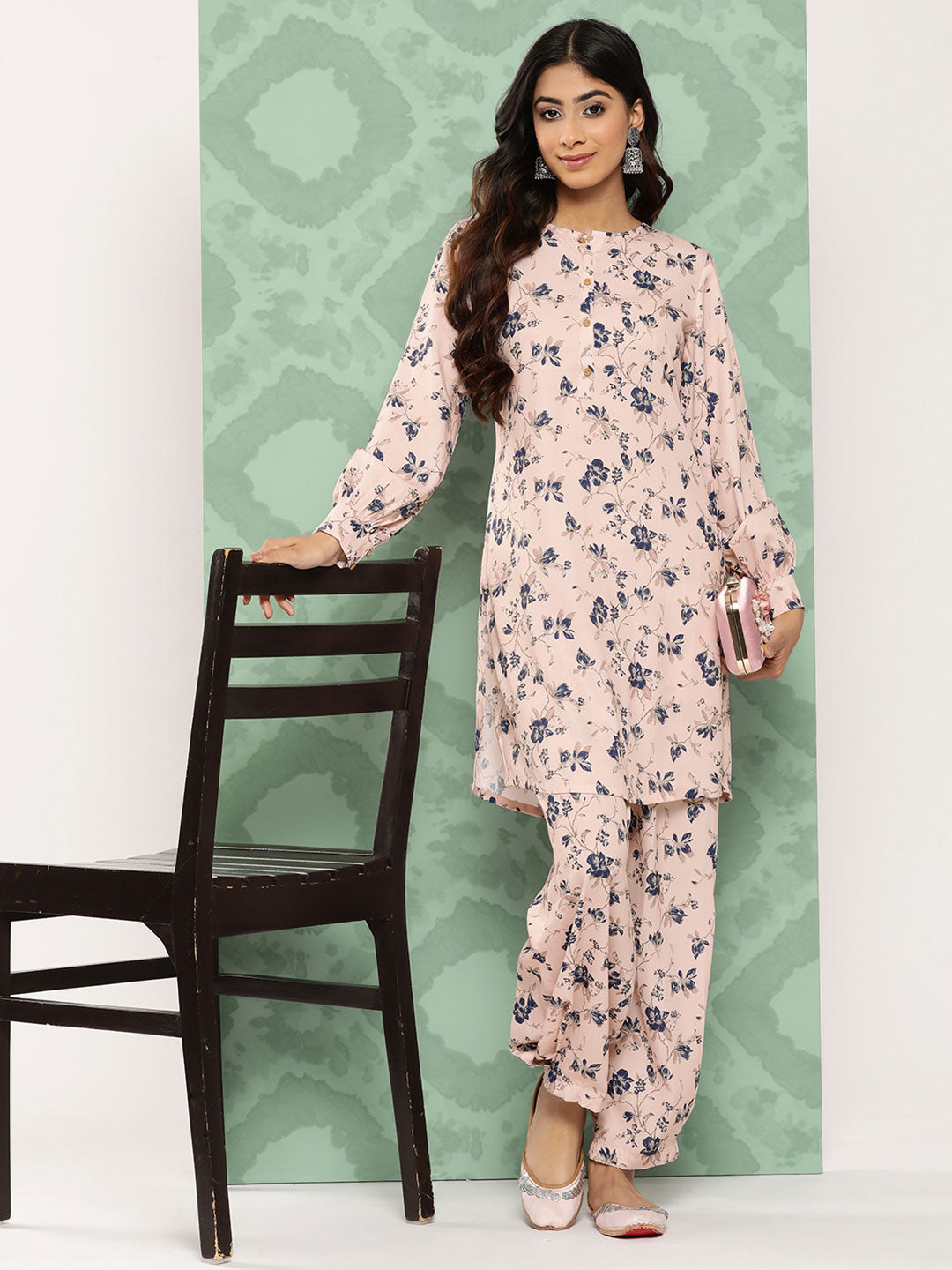 Janasya Women's Light Peach Crepe Digital Printed Straight Casual Kurta Set