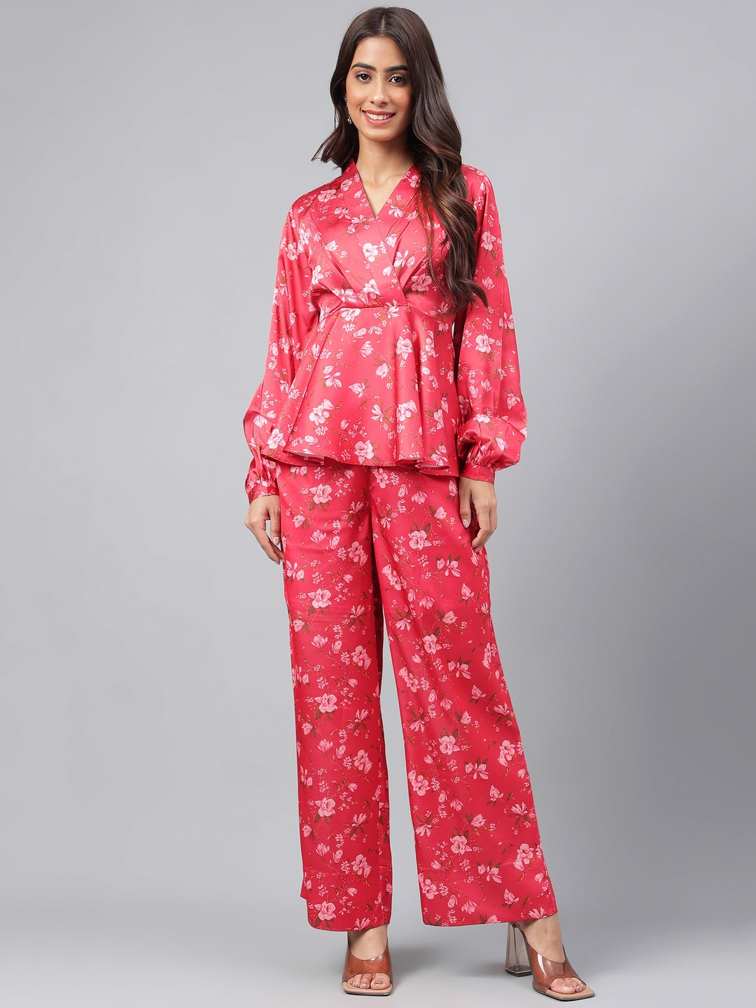 Janasya Women's Red Satin Digital Floral Printed Peplum Party Top Set 