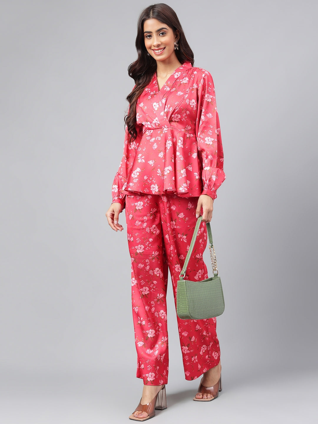 Janasya Women's Red Satin Digital Floral Printed Peplum Party Top Set 