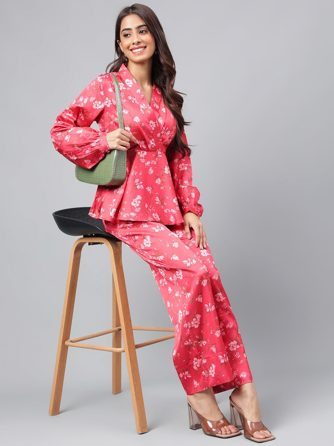 Janasya Women's Red Satin Digital Floral Printed Peplum Party Top Set 
