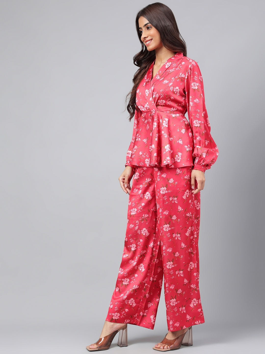 Janasya Women's Red Satin Digital Floral Printed Peplum Party Top Set 