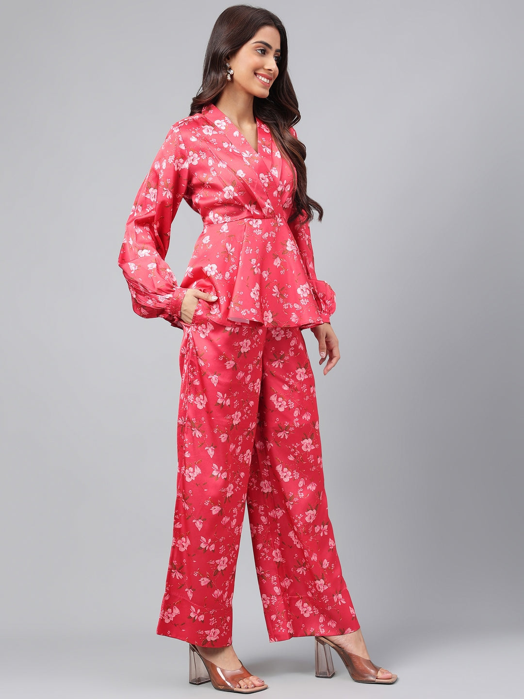 Janasya Women's Red Satin Digital Floral Printed Peplum Party Top Set 