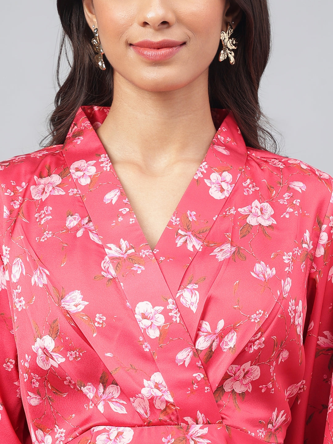 Janasya Women's Red Satin Digital Floral Printed Peplum Party Top Set 
