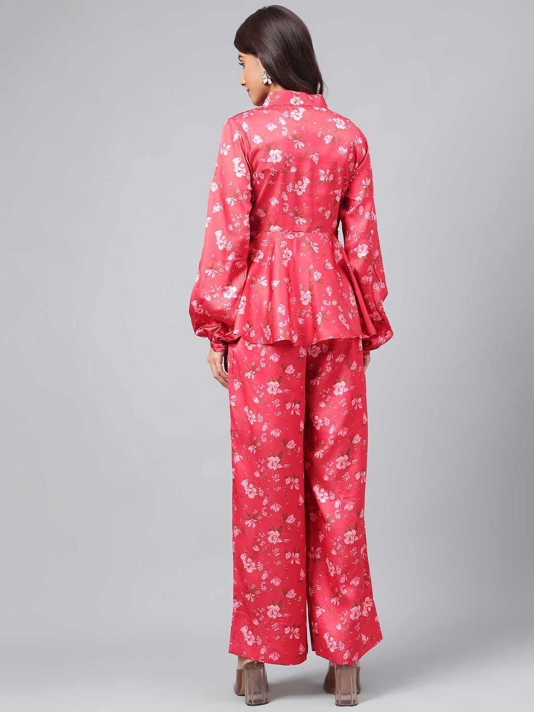 Janasya Women's Red Satin Digital Floral Printed Peplum Party Top Set 