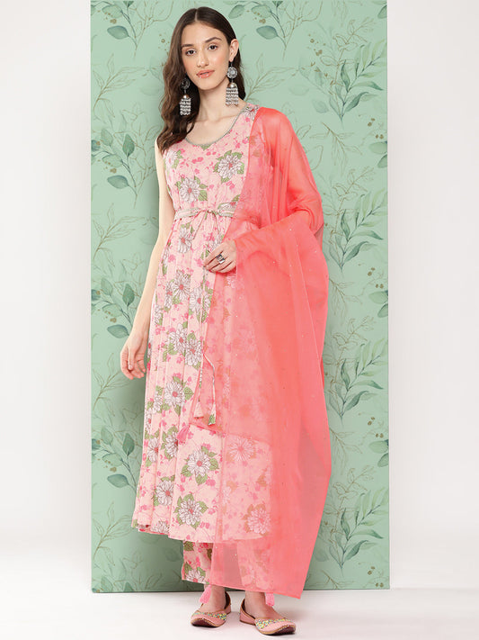 Janasya Women's Peach Moss Digital Floral Printed Flared Festive Kurta Set 