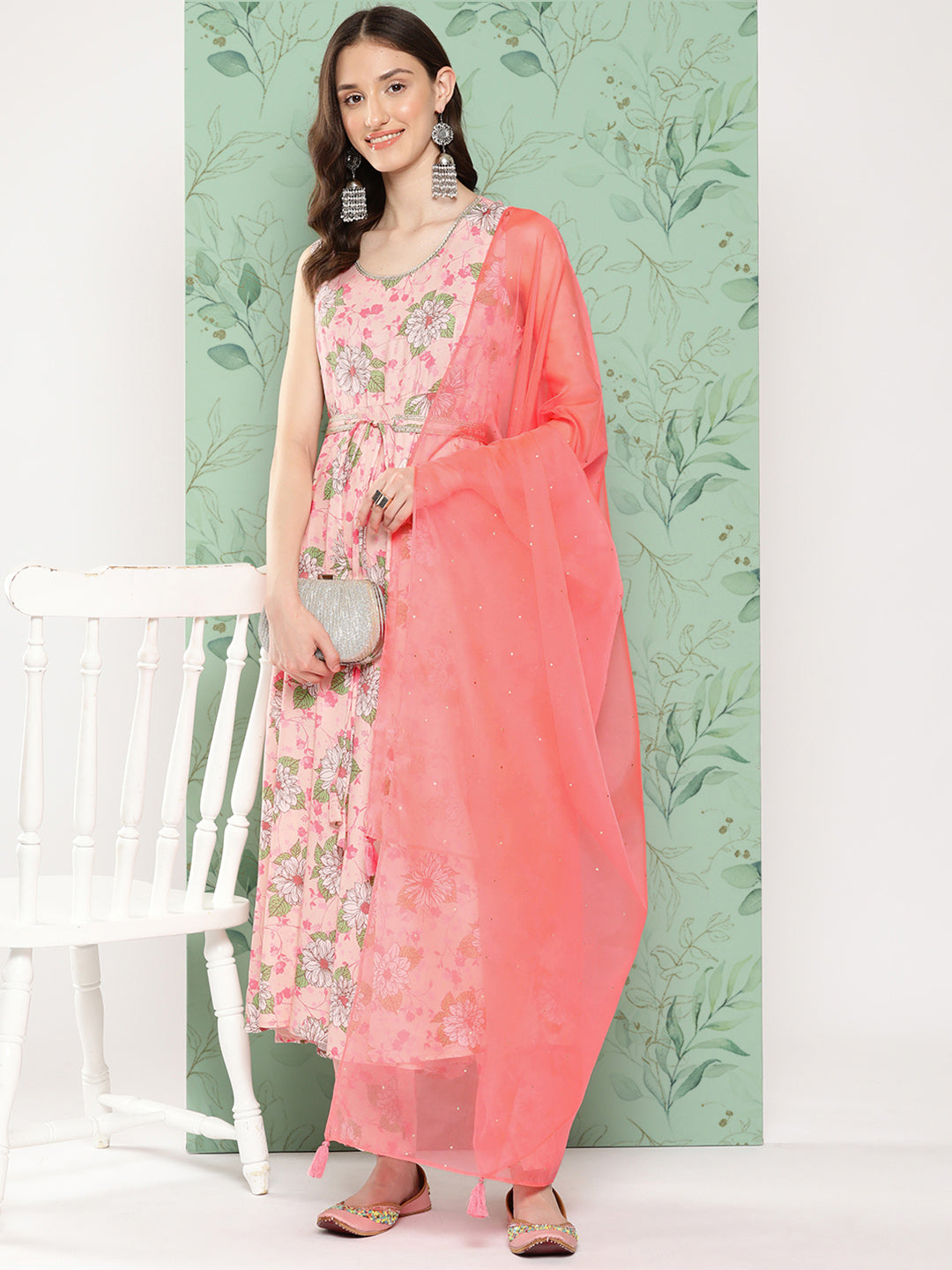 Janasya Women's Peach Moss Digital Floral Printed Flared Festive Kurta Set 