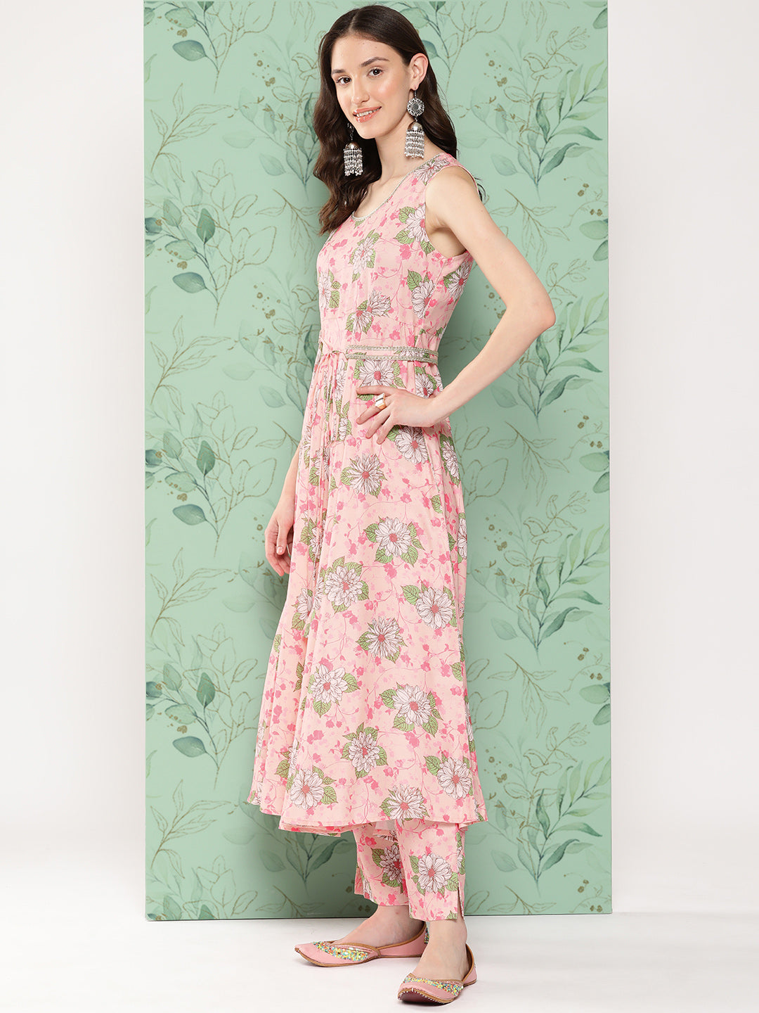Janasya Women's Peach Moss Digital Floral Printed Flared Festive Kurta Set 