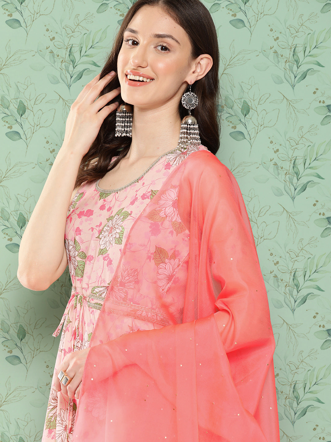 Janasya Women's Peach Moss Digital Floral Printed Flared Festive Kurta Set 