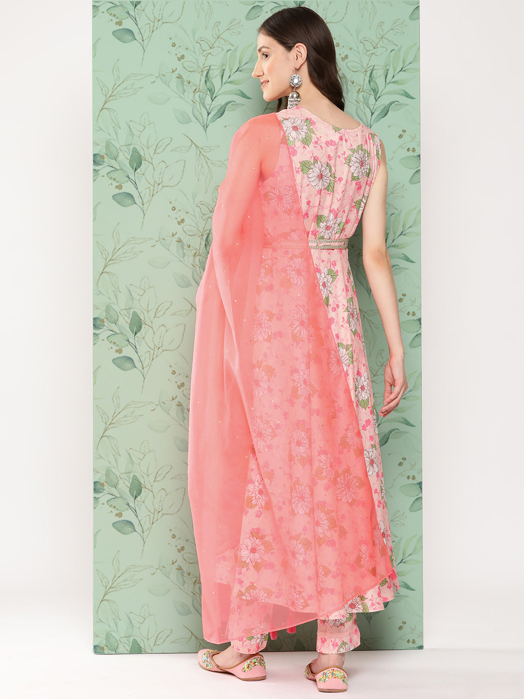 Janasya Women's Peach Moss Digital Floral Printed Flared Festive Kurta Set 