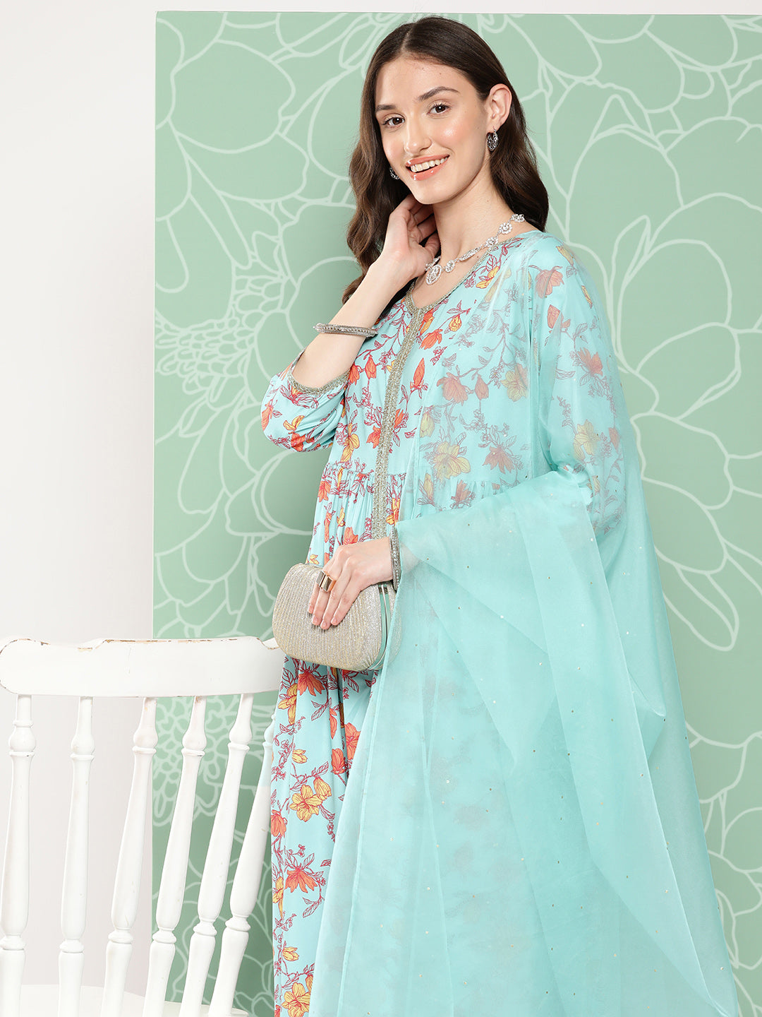 Janasya Women's Aqua Blue Moss Digital Floral Printed Gathered Festive Kurta Set 