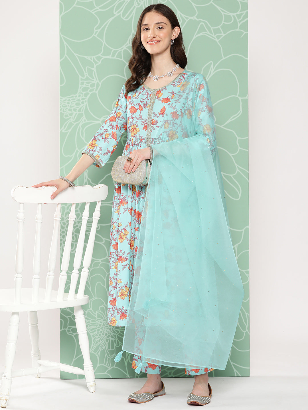 Janasya Women's Aqua Blue Moss Digital Floral Printed Gathered Festive Kurta Set 