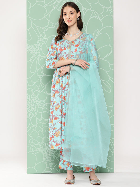 Janasya Women's Aqua Blue Moss Digital Floral Printed Gathered Festive Kurta Set 