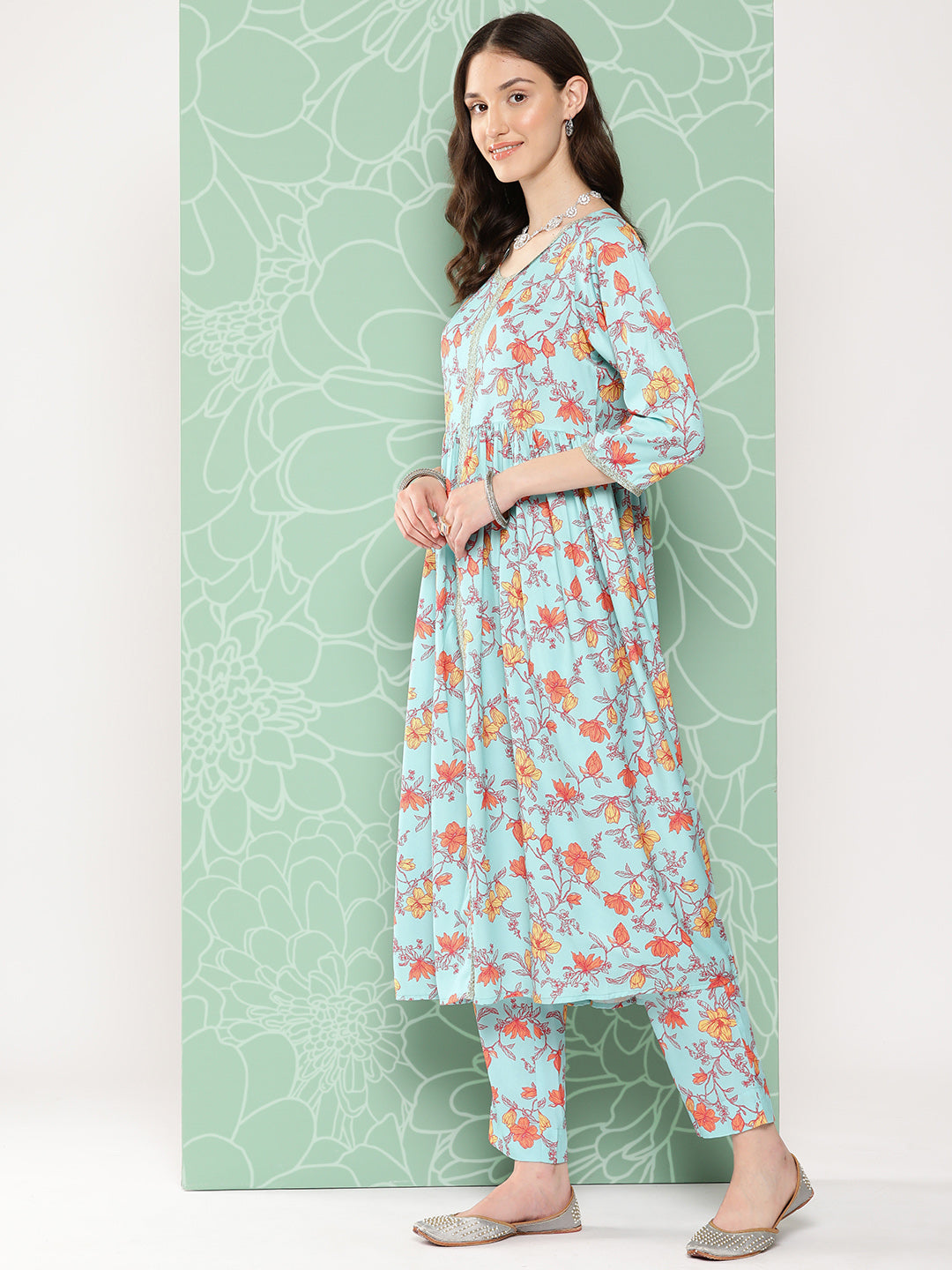 Janasya Women's Aqua Blue Moss Digital Floral Printed Gathered Festive Kurta Set 