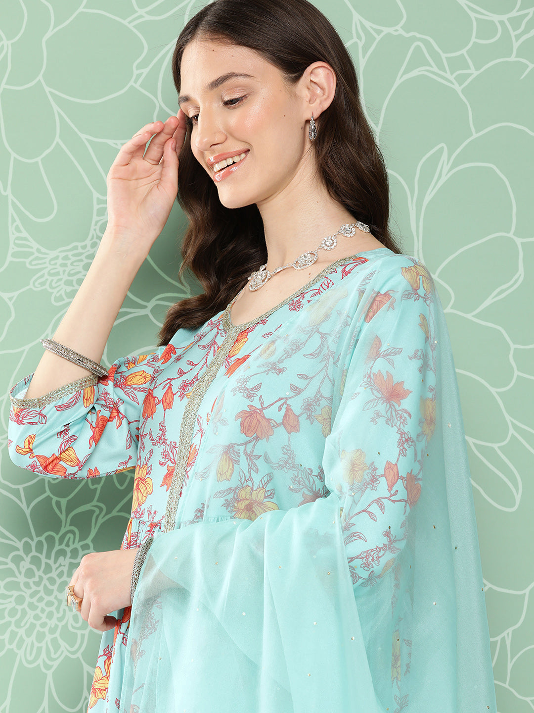 Janasya Women's Aqua Blue Moss Digital Floral Printed Gathered Festive Kurta Set 